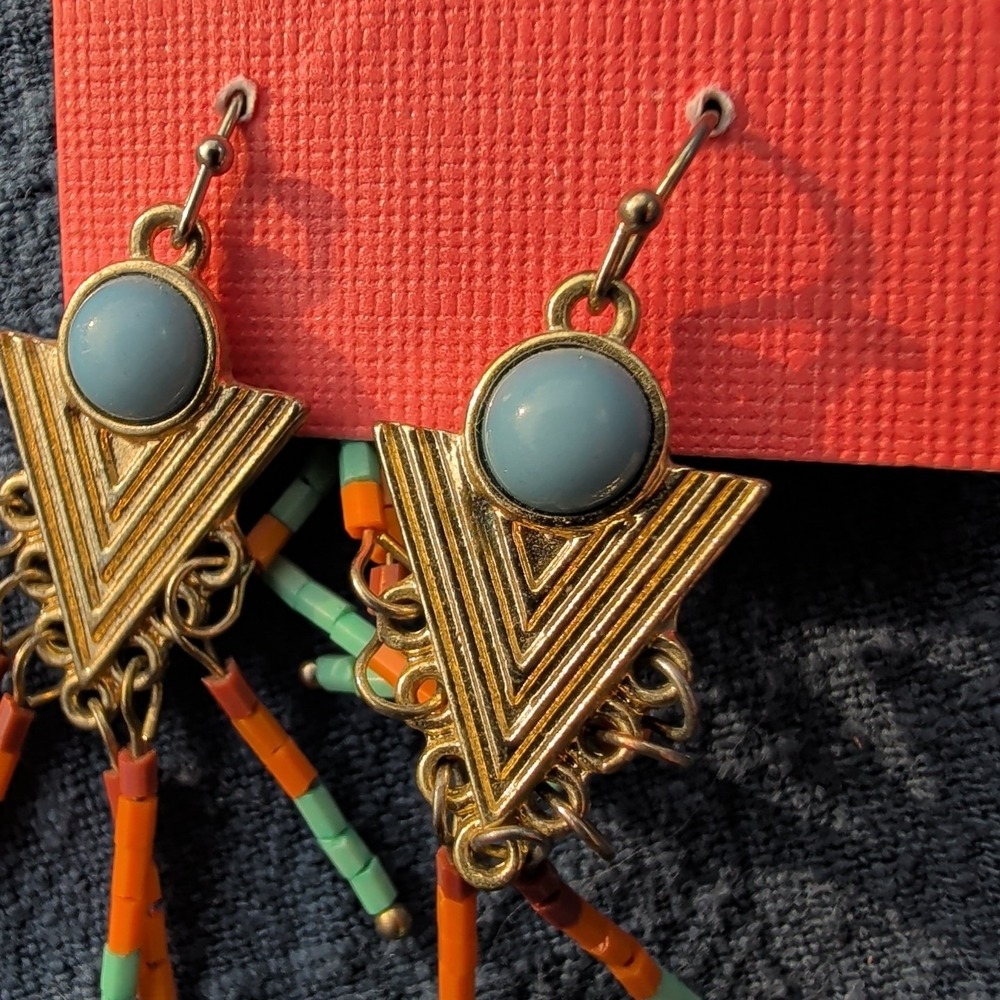 Southwestern Style BEADED Chandelier EARRINGS W/ Gold Tone Base & Faux Turquoise - Picture 6 of 7